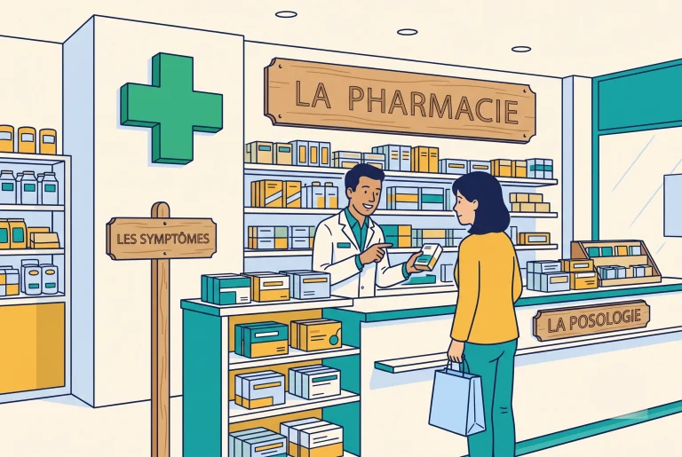 Illustration of French pharmacy phrases with a pharmacist advising a customer about symptoms