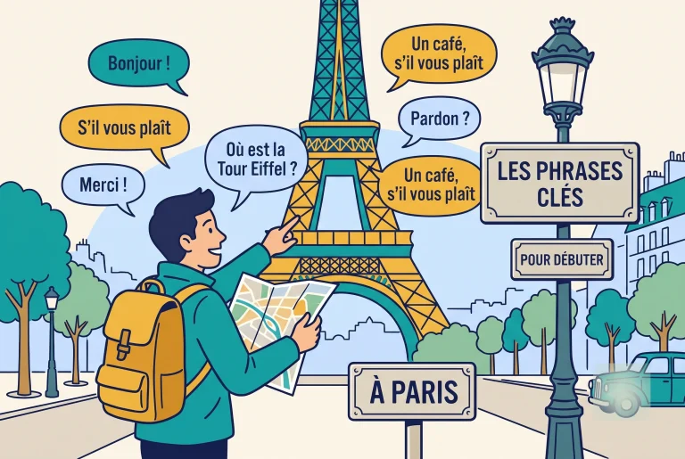 Illustration of key French phrases for visiting Paris near the Eiffel Tower
