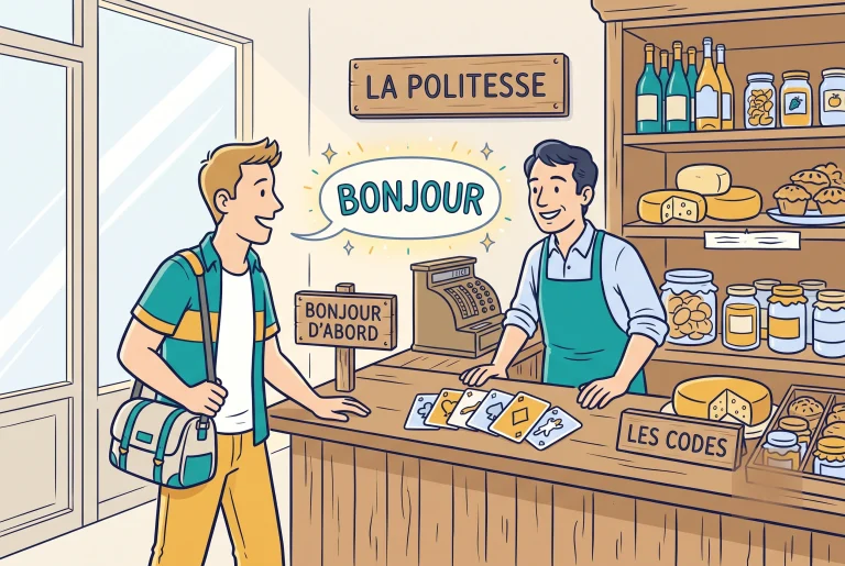 Illustration of French politeness rules Americans misunderstand, saying bonjour first in a shop