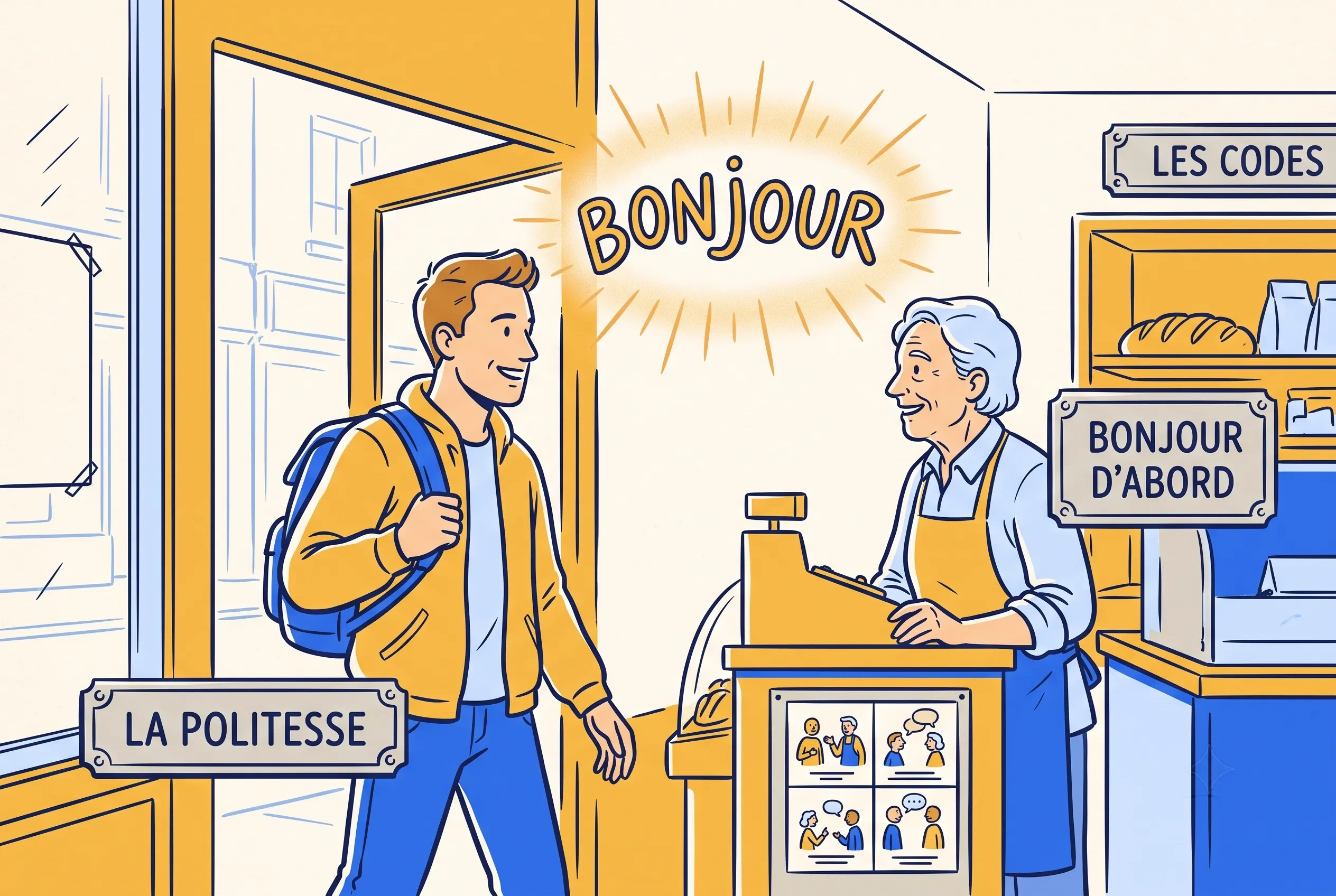 Illustration of French politeness rules Americans misunderstand, saying bonjour first in a shop