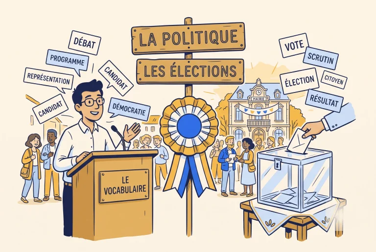 Illustration of French political vocabulary with a ballot box, podium and rosette
