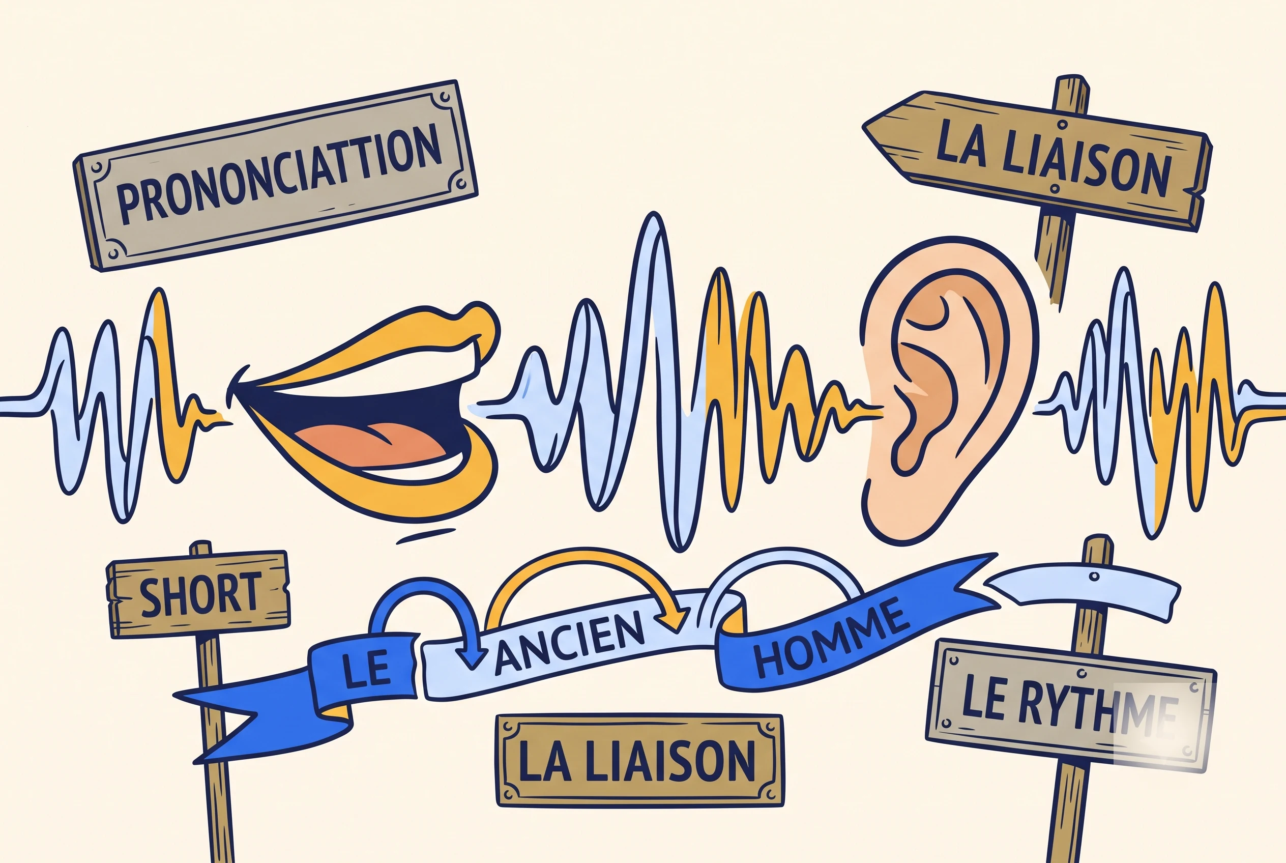 Illustration of French pronunciation and listening with a mouth, ear, soundwaves and liaison