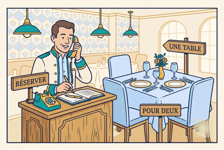Illustration of French restaurant booking phrases, reserving a table for two