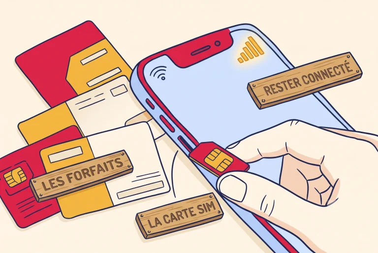 Illustration of a French SIM card guide with plans and staying connected