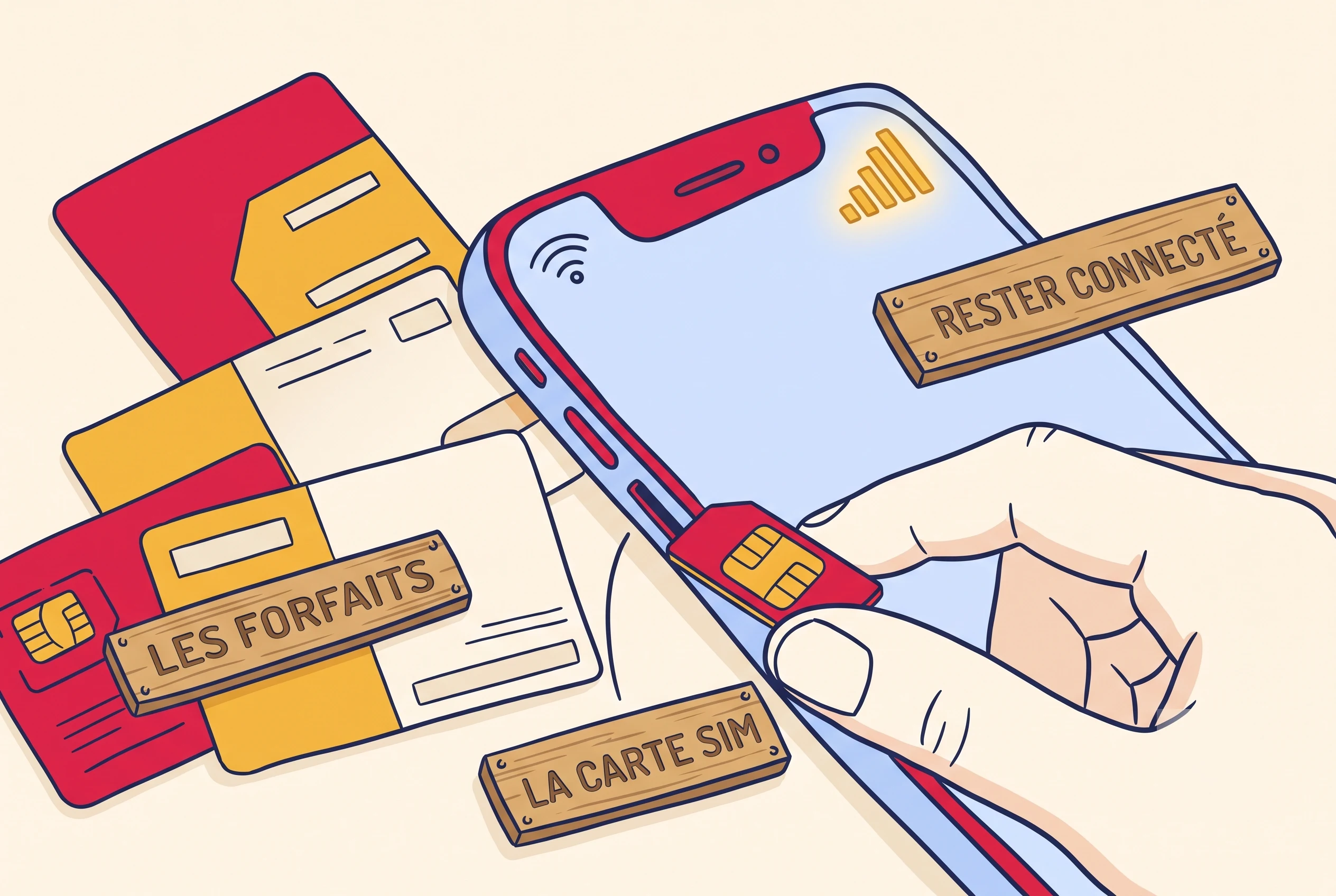 Illustration of a French SIM card guide with plans and staying connected