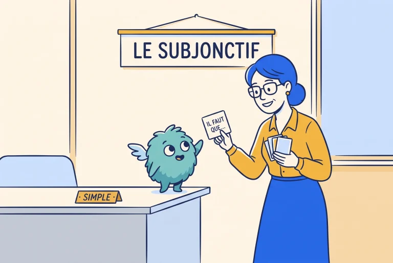 Illustration of the French subjunctive made simple, a teacher taming a small subjonctif creature