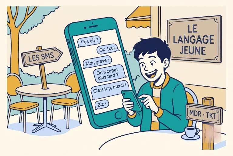 Illustration of French texting abbreviations young people use like mdr and tkt on a phone