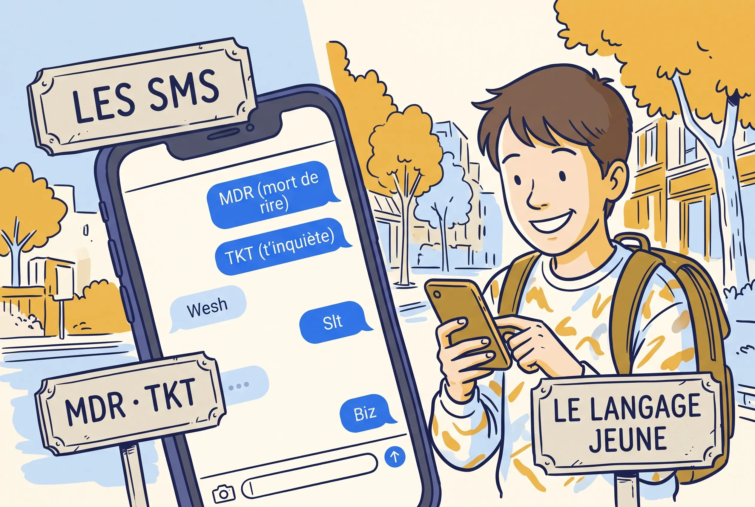 Illustration of French texting abbreviations young people use like mdr and tkt on a phone