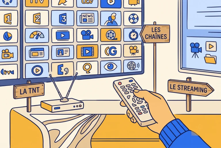 Illustration of French TV channels, the TNT and streaming with a remote