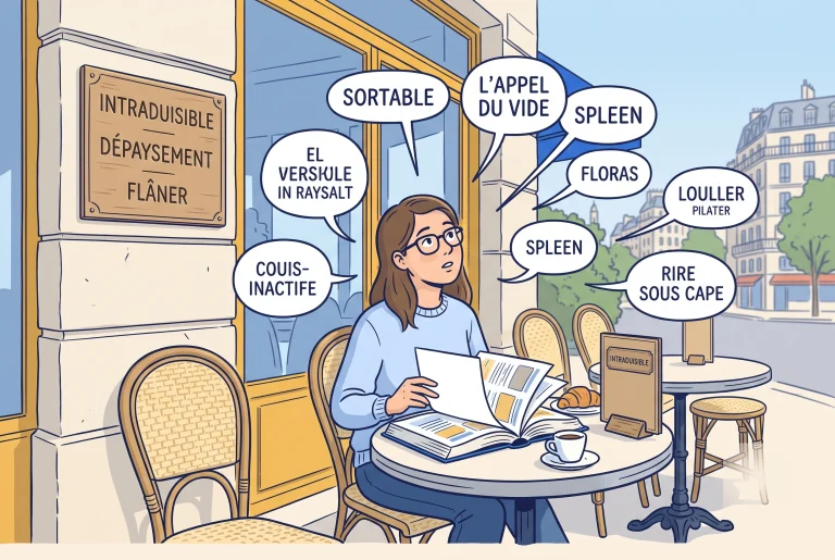 Illustration of a French cafe with untranslatable French words like depaysement and flaner in speech bubbles