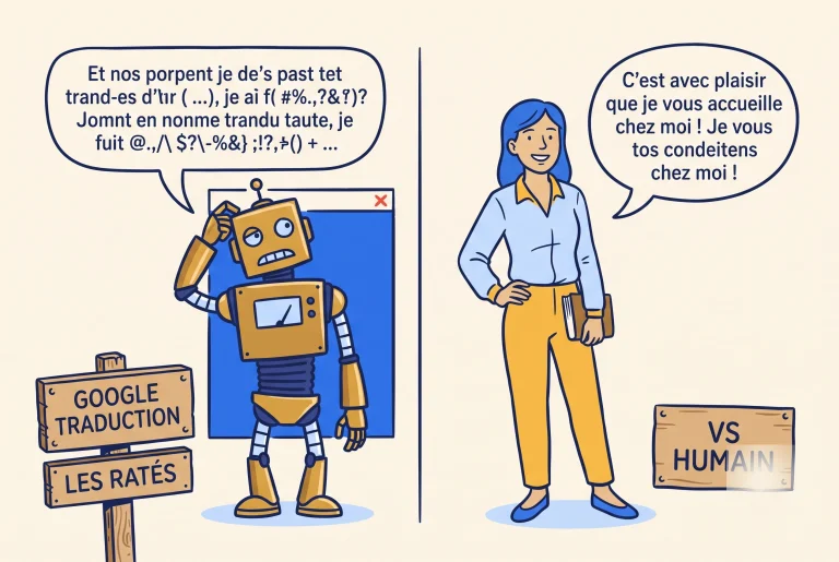 Illustration of Google Translate versus human translation for French with a robot and translation fails