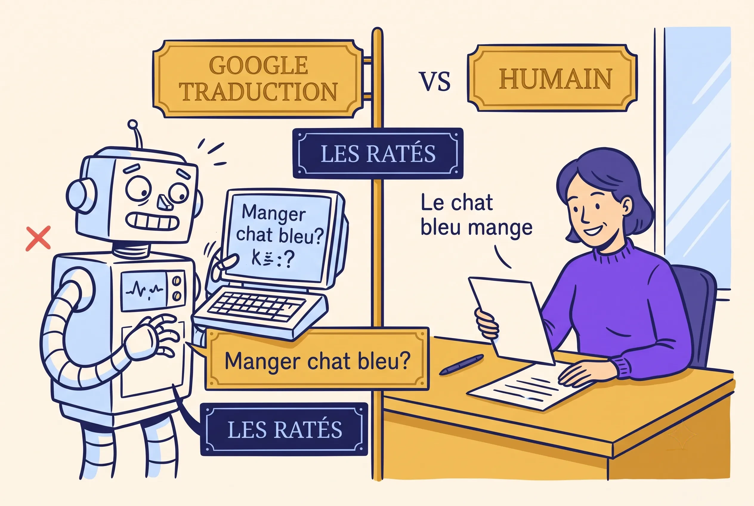 Illustration of Google Translate versus human translation for French with a robot and translation fails