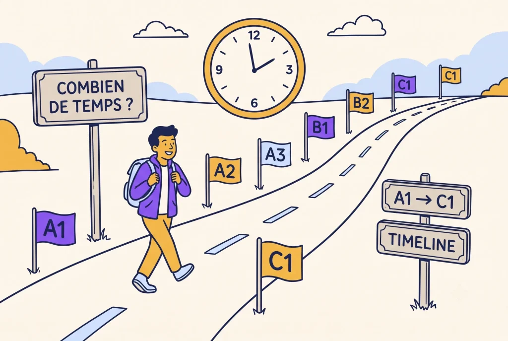 Illustration of how long it takes to learn French on a winding timeline from A1 to C1