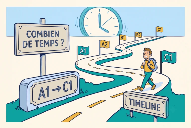 Illustration of how long it takes to learn French on a winding timeline from A1 to C1