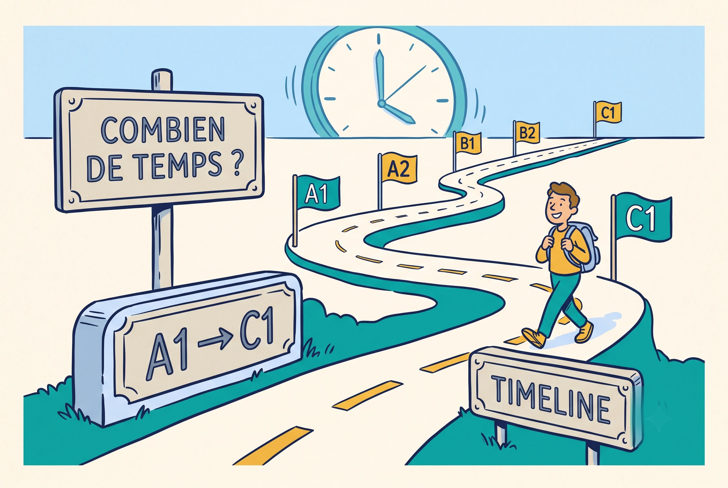 Illustration of how long it takes to learn French on a winding timeline from A1 to C1