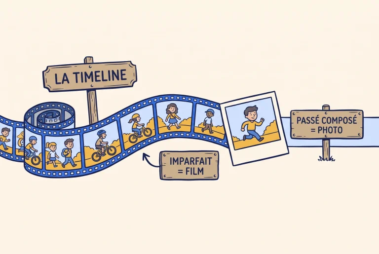 Illustration of imparfait versus passe compose using a film strip and a photo on a timeline