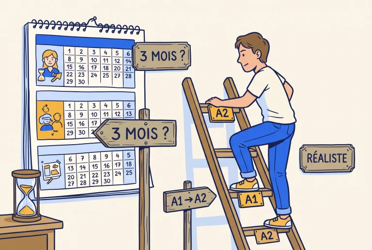 Illustration of learning French in 3 months, a learner climbing an A1 to A2 ladder by a calendar