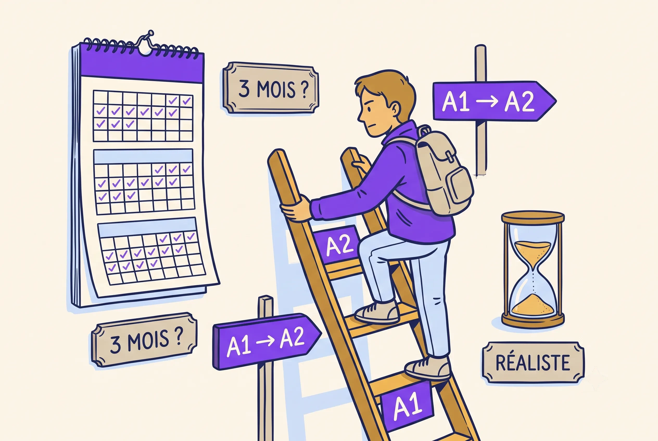 Illustration of learning French in 3 months, a learner climbing an A1 to A2 ladder by a calendar