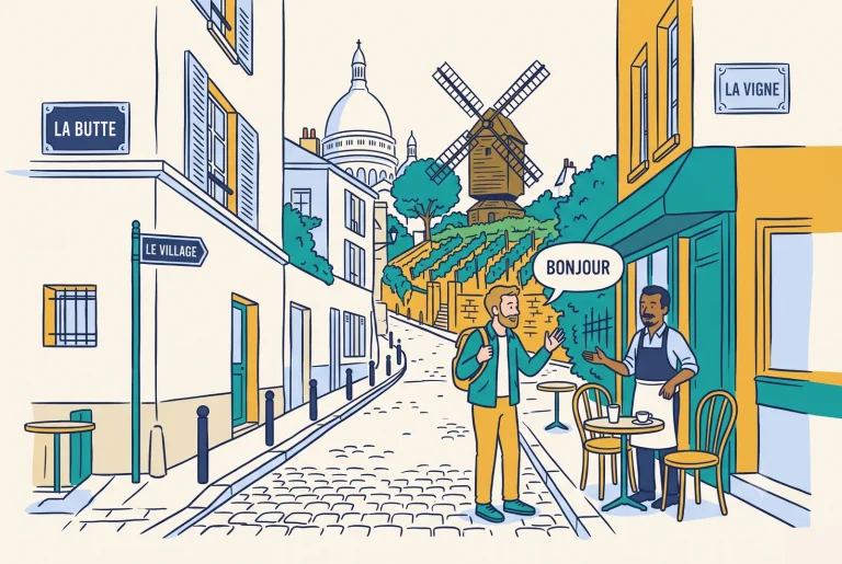 Exploring Montmartre: a cobbled Butte side street, a cafe terrace, the vineyard and a windmill, the Sacre-Coeur behind
