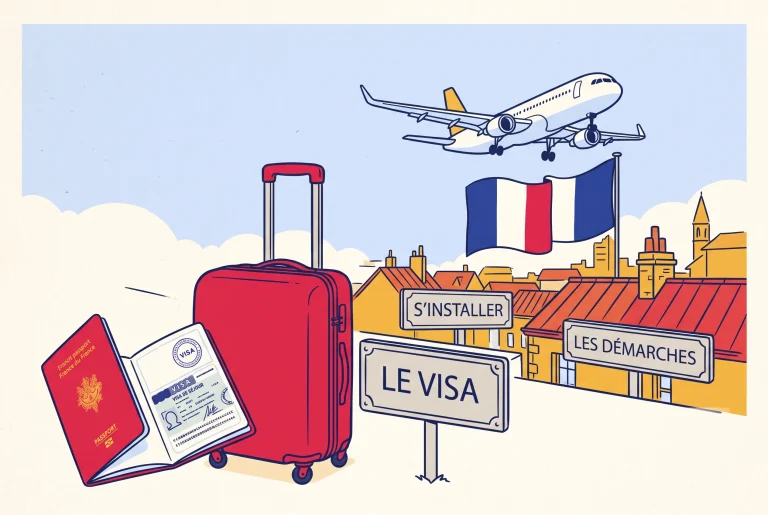 Illustration of moving to France from the USA with a visa, passport and suitcase