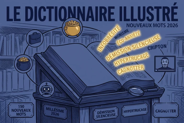 An open French dictionary showing new 2026 words demission silencieuse hypertrucage and cagnotter for the Petit Robert 2026 new words