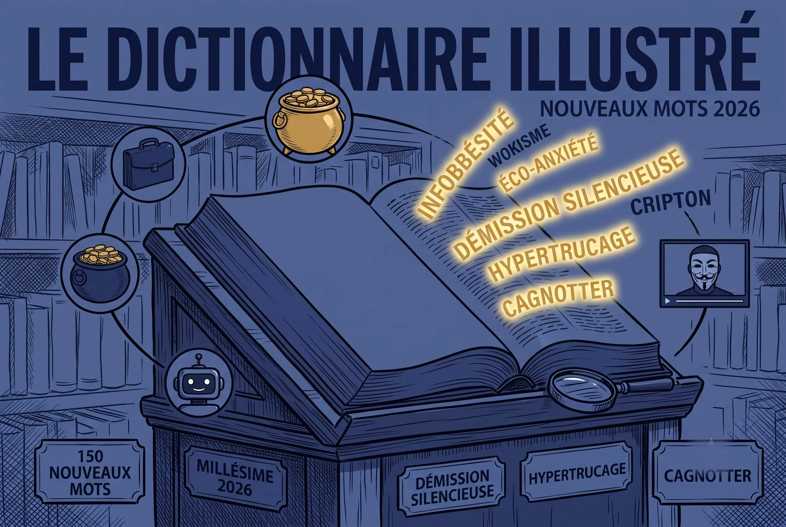 An open French dictionary with new 2026 words glowing on the page, surrounded by icons of AI, work and money