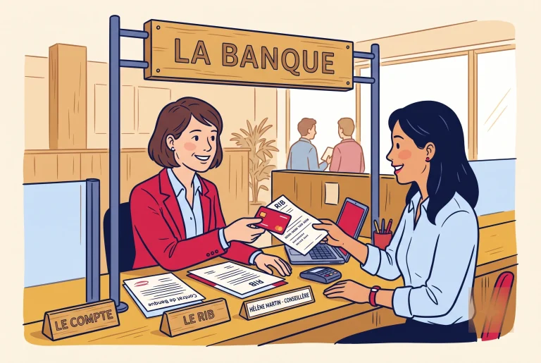 Illustration of opening a French bank account with an adviser, a card and a RIB