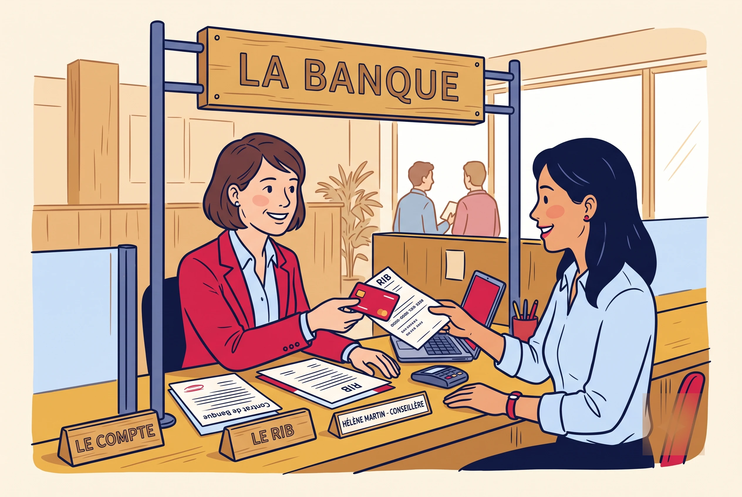 Illustration of opening a French bank account with an adviser, a card and a RIB