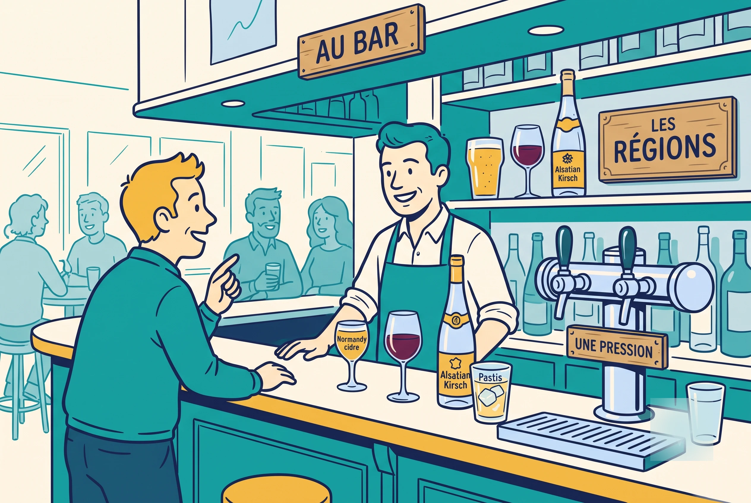Illustration of ordering drinks in French bars with regional drinks