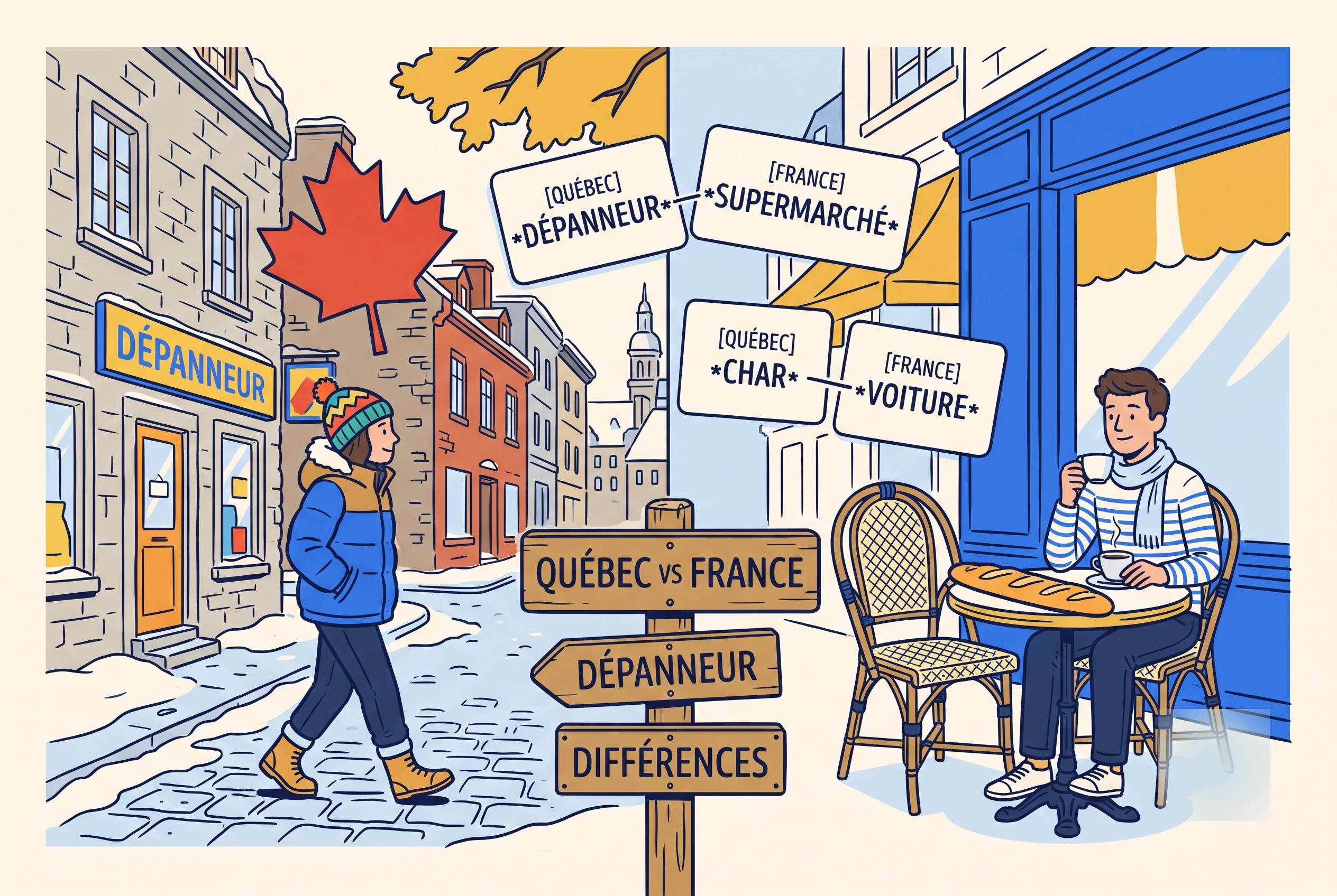 Illustration of Quebec French versus France French differences with depanneur and supermarche signs