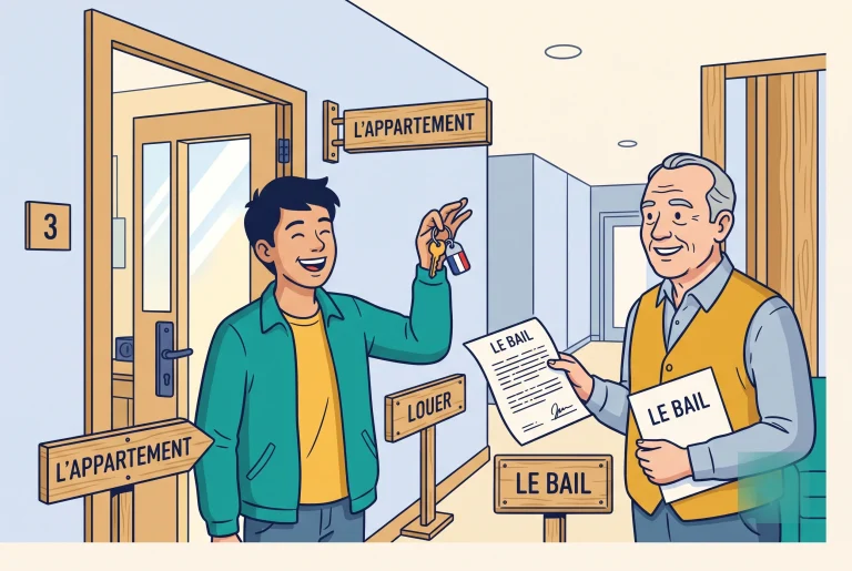 Illustration of renting an apartment in France with keys and a lease