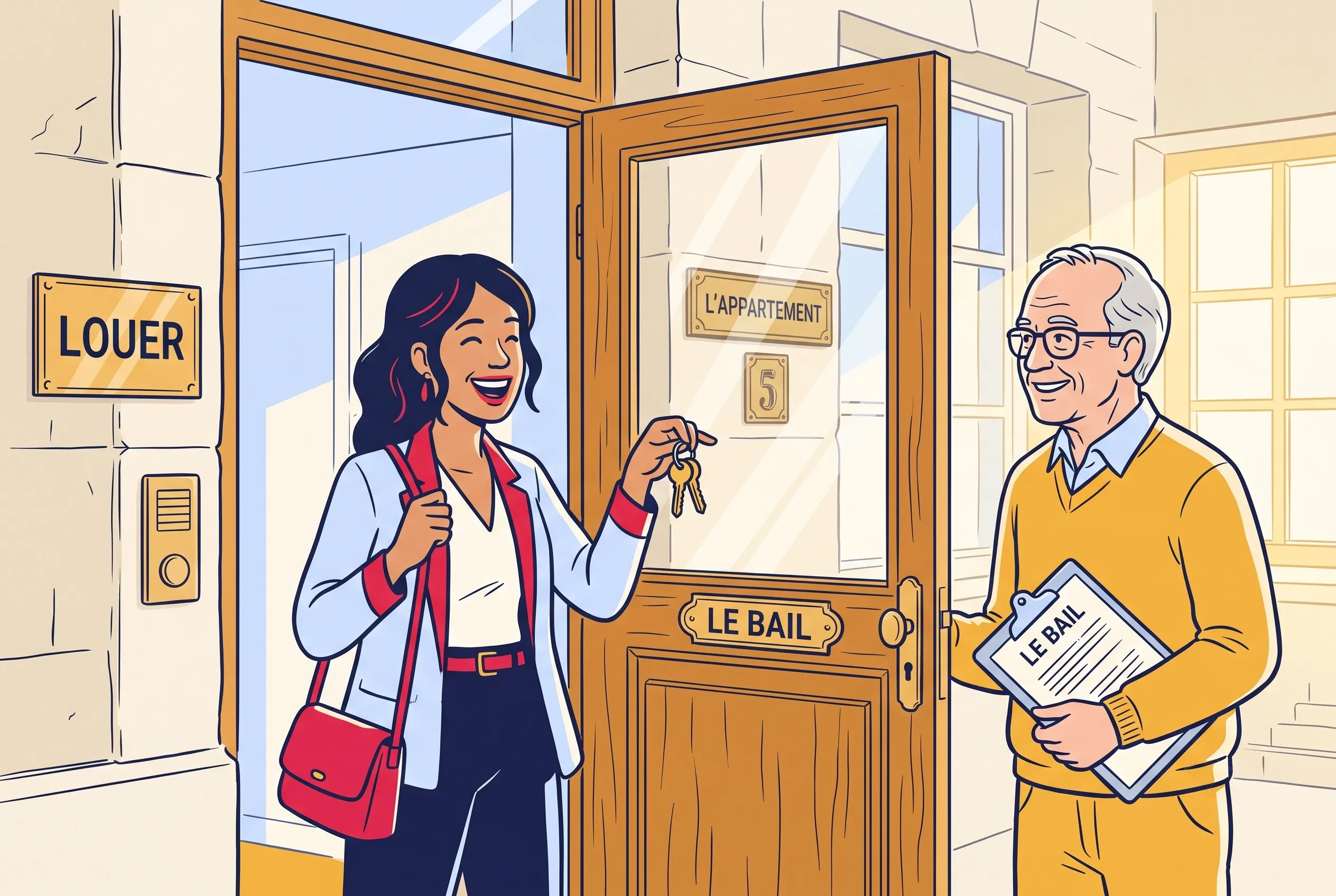 Illustration of renting an apartment in France with keys and a lease