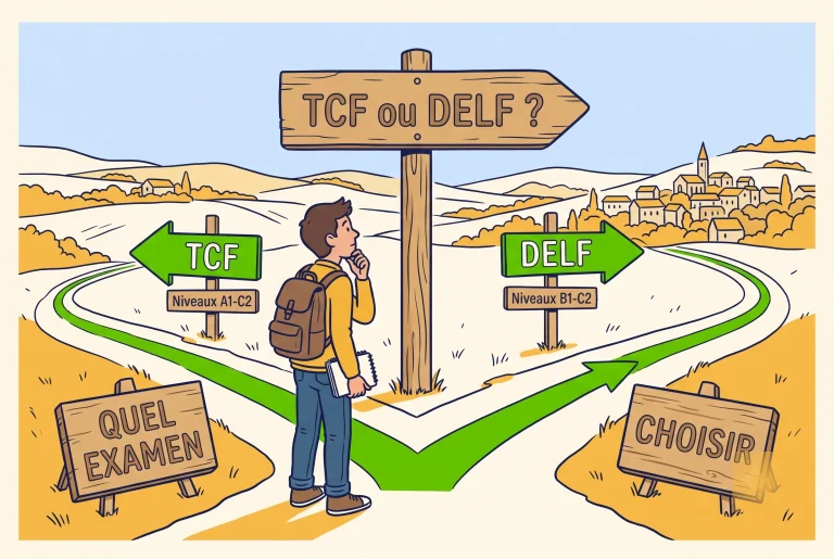 Illustration of a learner choosing between the TCF and DELF French exams at a signpost