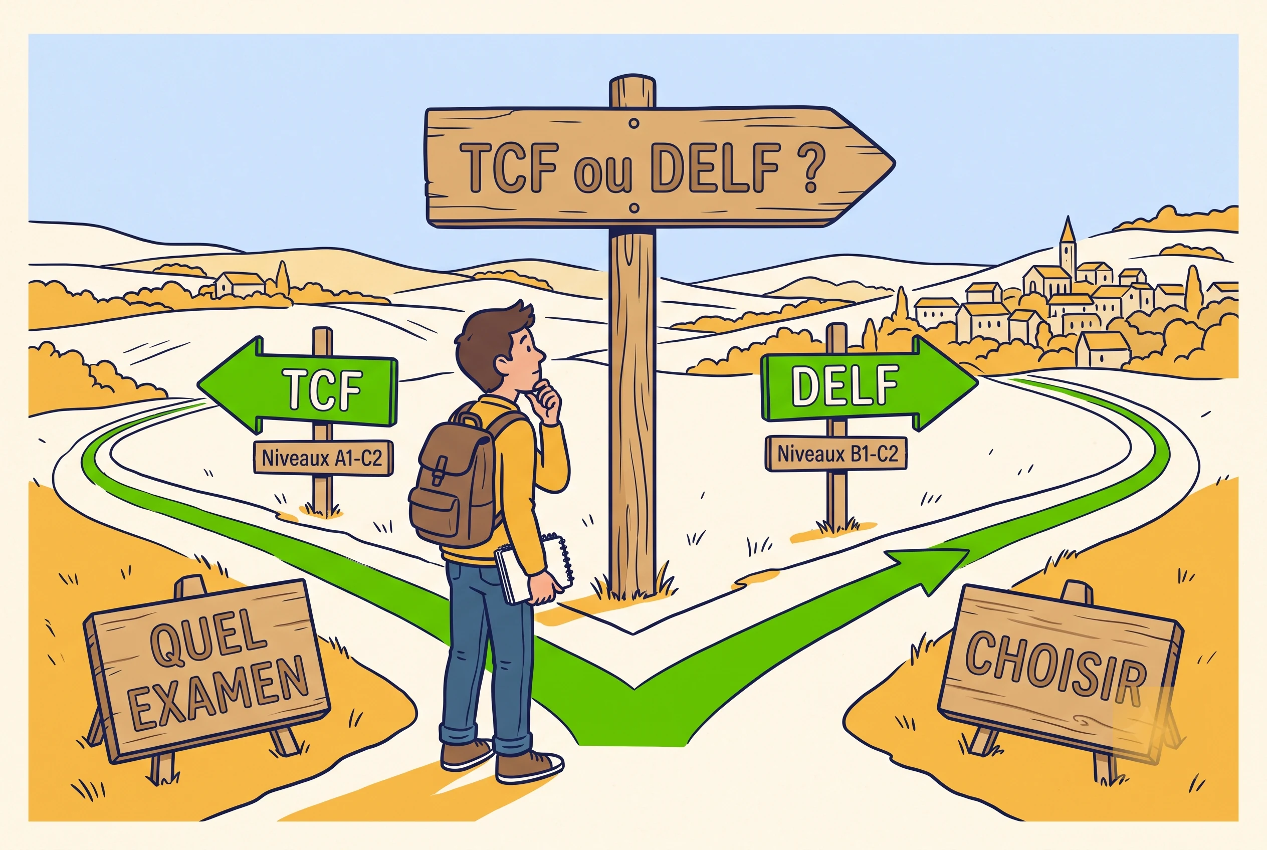 Illustration of a learner choosing between the TCF and DELF French exams at a signpost
