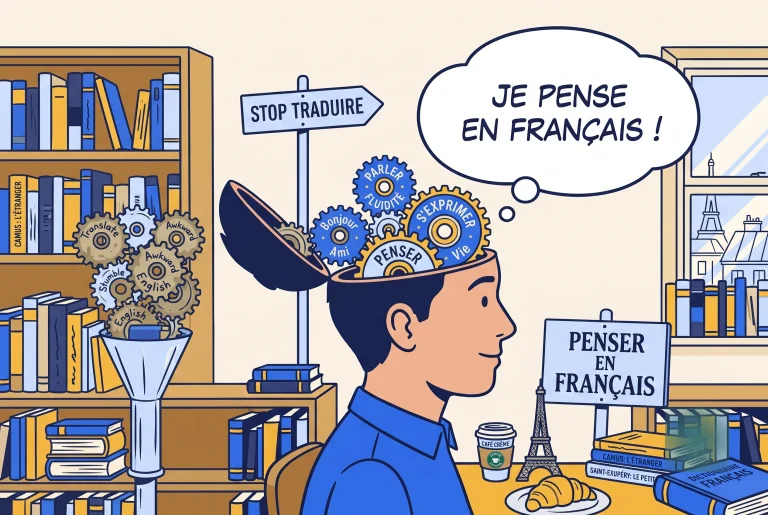 Illustration of a learner thinking in French with gears turning from English to French and a stop translating sign