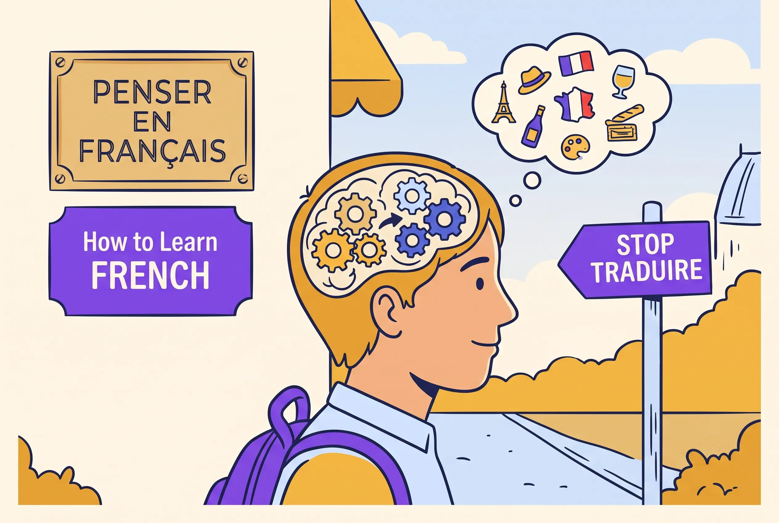 Illustration of a learner thinking in French with gears turning from English to French and a stop translating sign