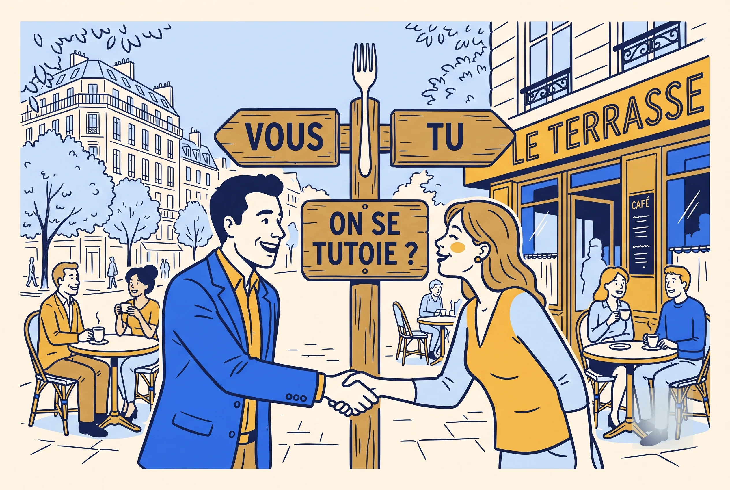 Illustration of tu versus vous French politeness, a handshake and a cheek kiss at a cafe signpost