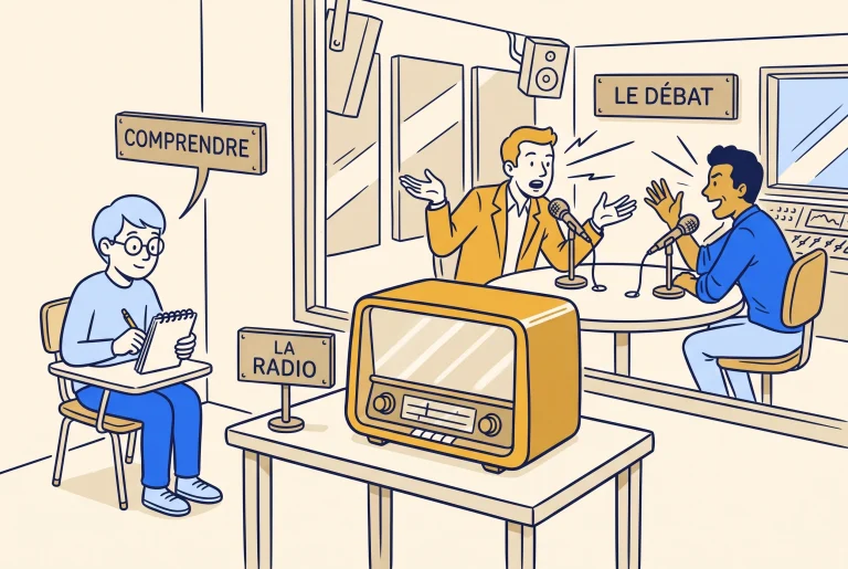 Illustration of understanding French radio debates with a vintage radio and a studio debate