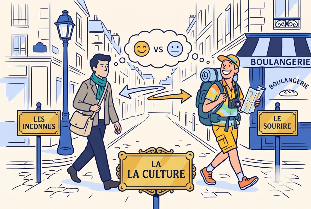 Illustration of why French people do not smile at strangers, a cultural guide