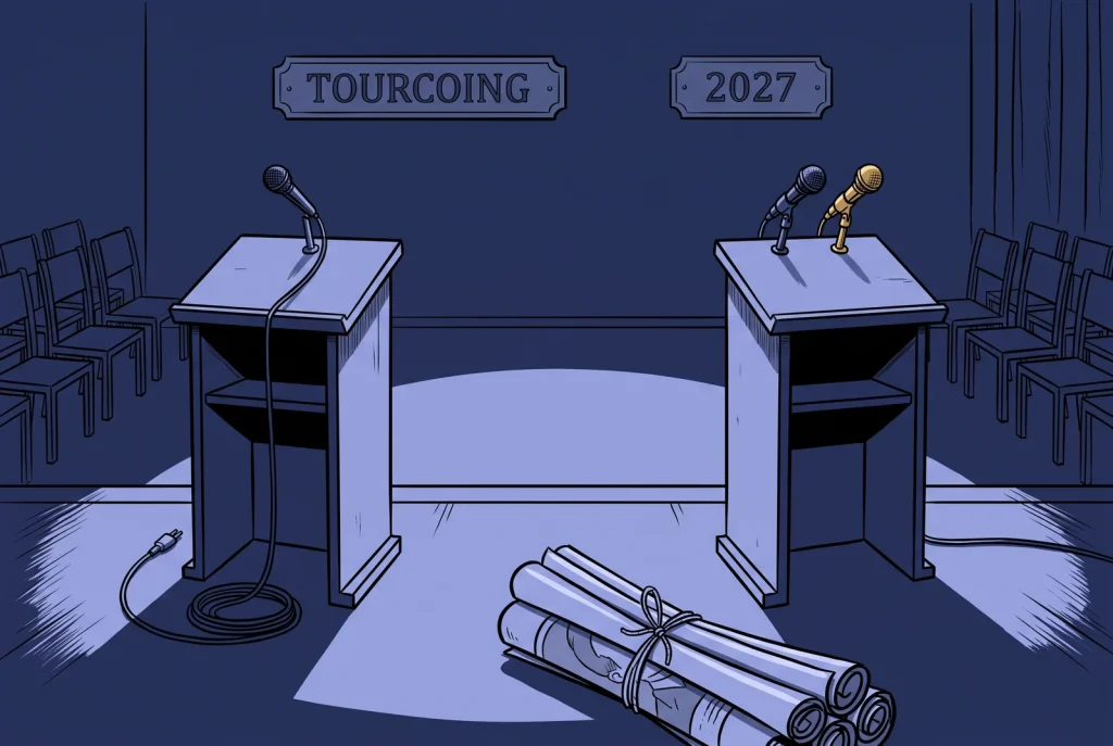 Navy monochrome illustration of two French campaign podiums at night, one microphone unplugged, as Darmanin rallies behind Édouard Philippe for 2027.
