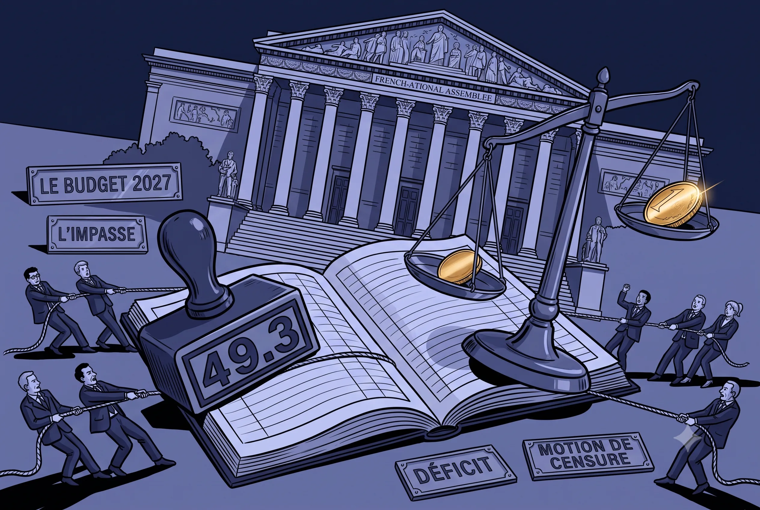 The French National Assembly tilting over a giant ledger stamped 49.3 with a tipping scale of gold coins