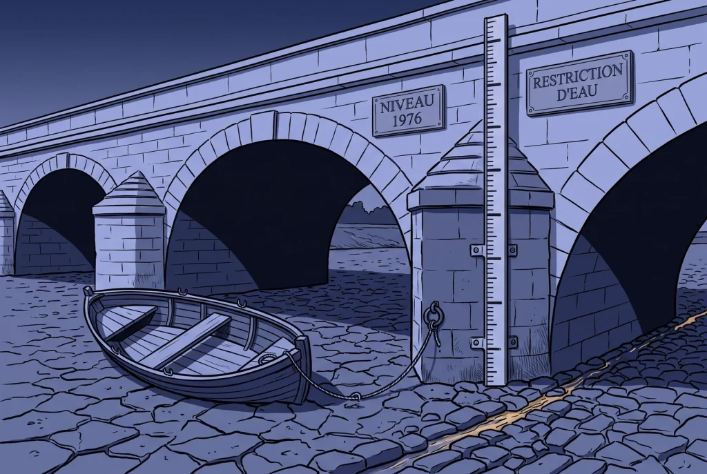 Navy illustration of a stone bridge over a cracked dry riverbed with a low water gauge, the record French drought of summer 2026 measured against 1976.