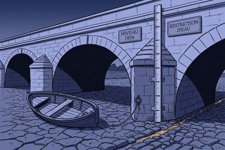Navy illustration of a stone bridge over a cracked dry riverbed with a low water gauge, the record French drought of summer 2026 measured against 1976.