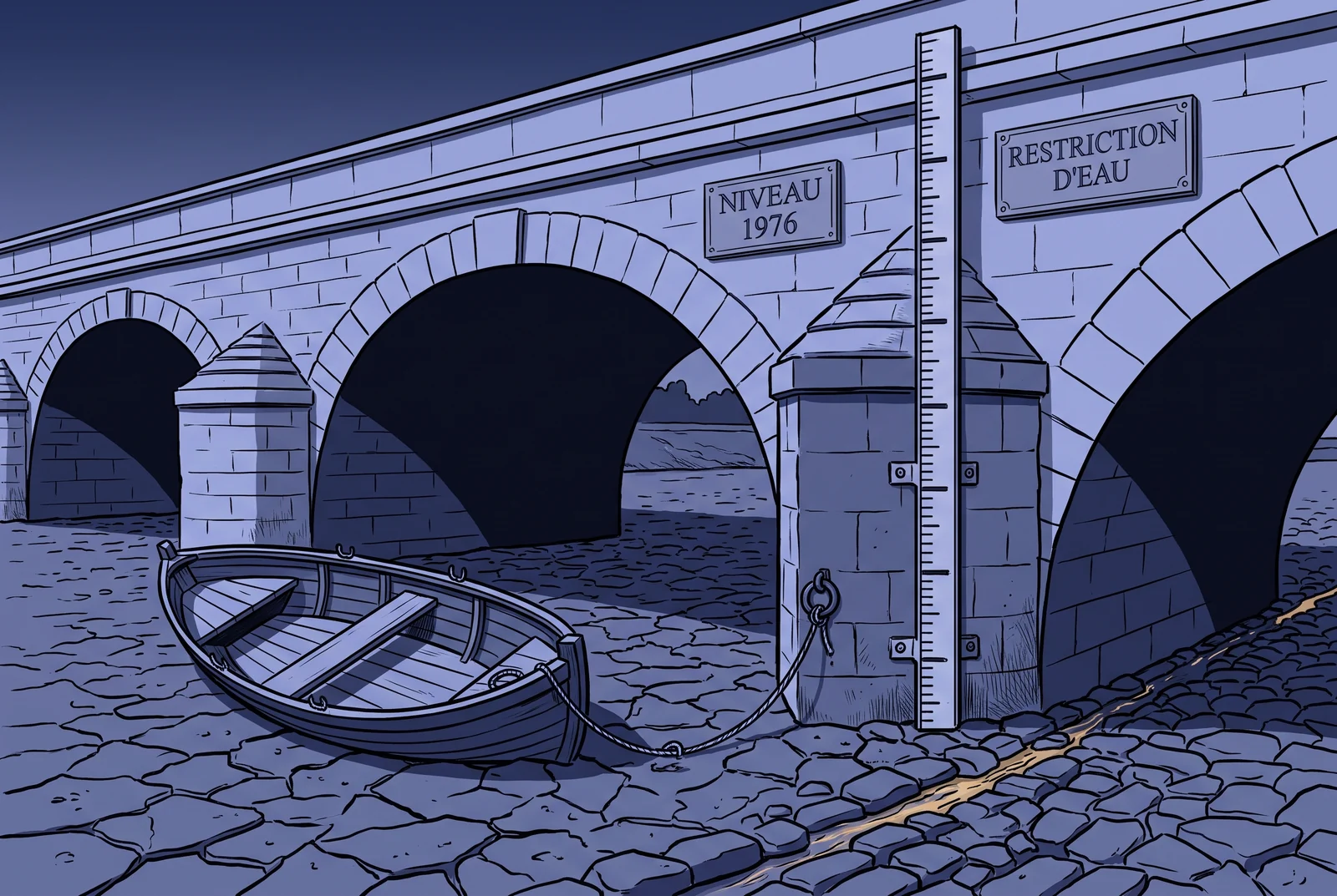 Navy illustration of a stone bridge over a cracked dry riverbed with a low water gauge, the record French drought of summer 2026 measured against 1976.