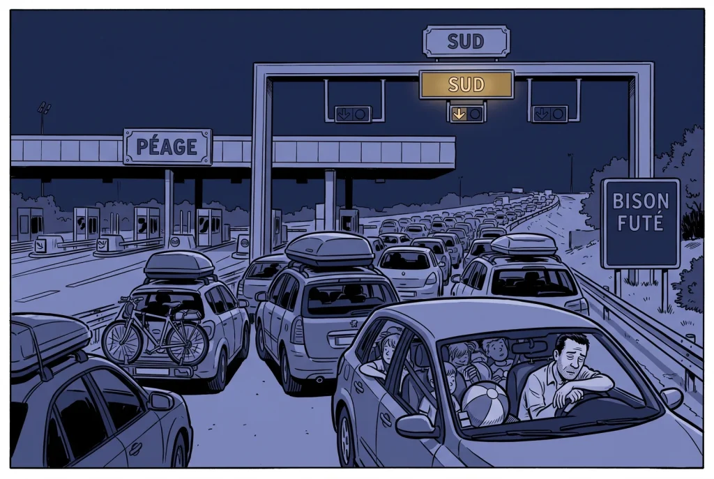 Night traffic jam at a French motorway toll with a glowing gold SUD sign, loaded holiday cars and a Bison Futé road sign