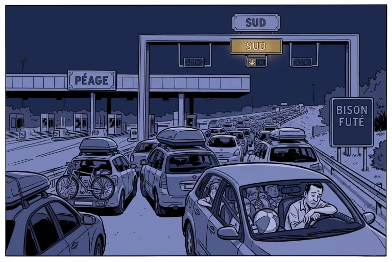 Night traffic jam at a French motorway toll with a glowing gold SUD sign, loaded holiday cars and a Bison Futé road sign