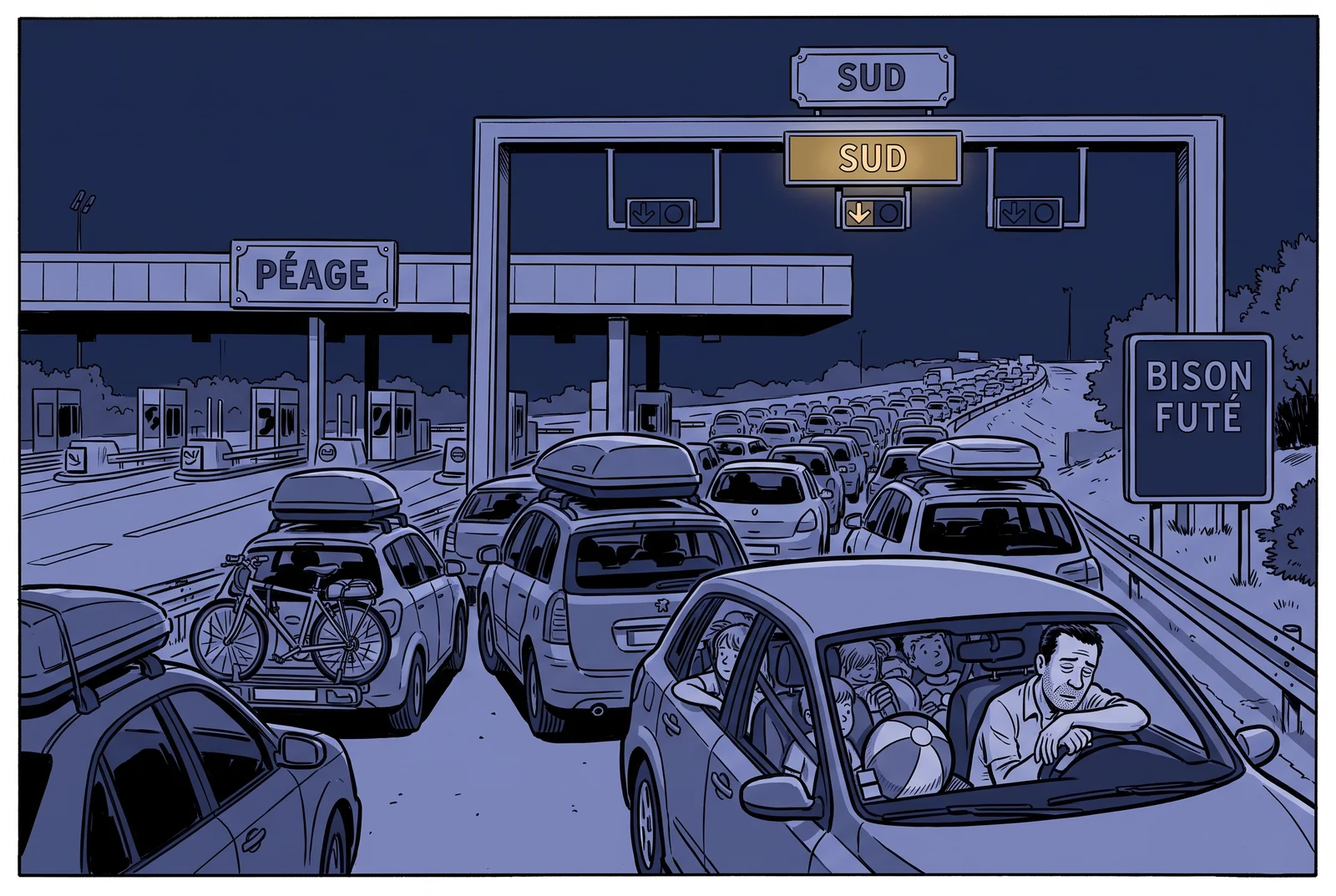 Night traffic jam at a French motorway toll with a glowing gold SUD sign, loaded holiday cars and a Bison Futé road sign