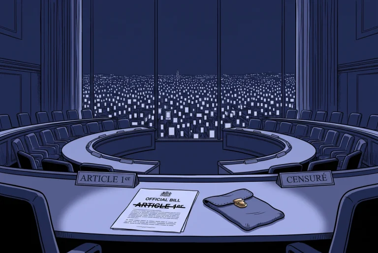 Navy monochrome illustration of a French council chamber with a struck-through bill and a closed school phone pouch, the censored under-15 social media ban.