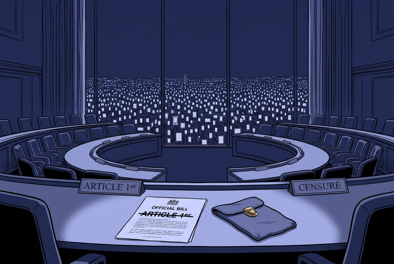 Navy monochrome illustration of a French council chamber with a struck-through bill and a closed school phone pouch, the censored under-15 social media ban.