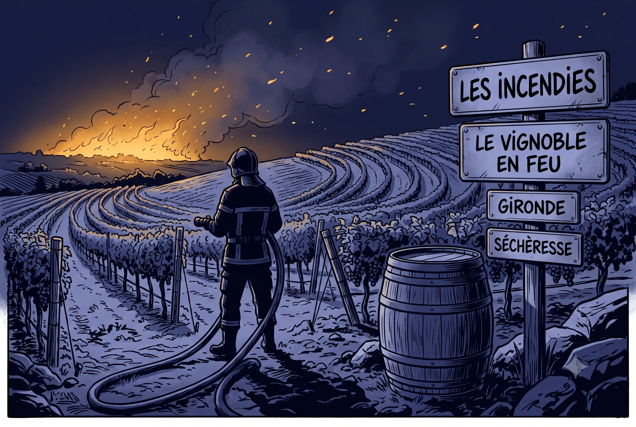 A firefighter facing a wildfire glow over Bordeaux vineyard rows at night with French road signs